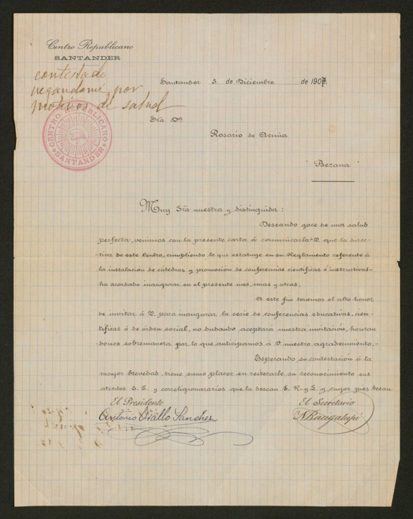 Miniatura de Carta],1907 Diciembre 3, Santander a Rosario de Acuña