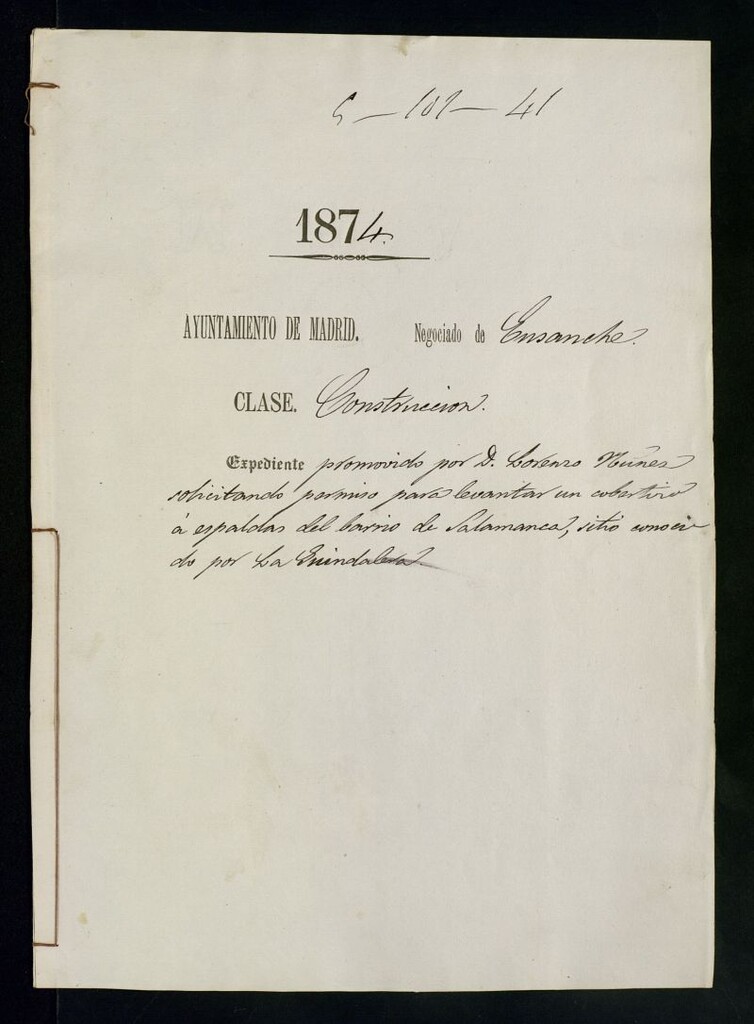 Miniatura de D. Lorenzo Núñez, solicitando permiso para levantar un cobertizo a espaldas del barrio de Salamanca, sitio conocido por la La Guindalera.