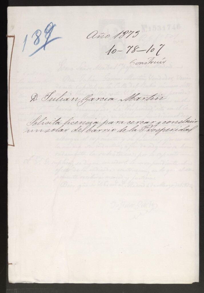 Miniatura de D. Julián García Martín, solicita licencia para cercar y construir un solar del barrio de la Prosperidad.