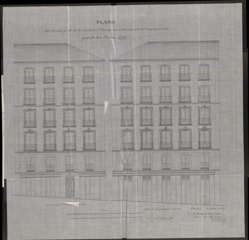 Miniatura de D. Matias López, en solicitud de licencia para construir de nueva planta una casa en la Cuesta de Santo Domingo nº 16, con vuelta a la calle de Campomanes, nº 14.