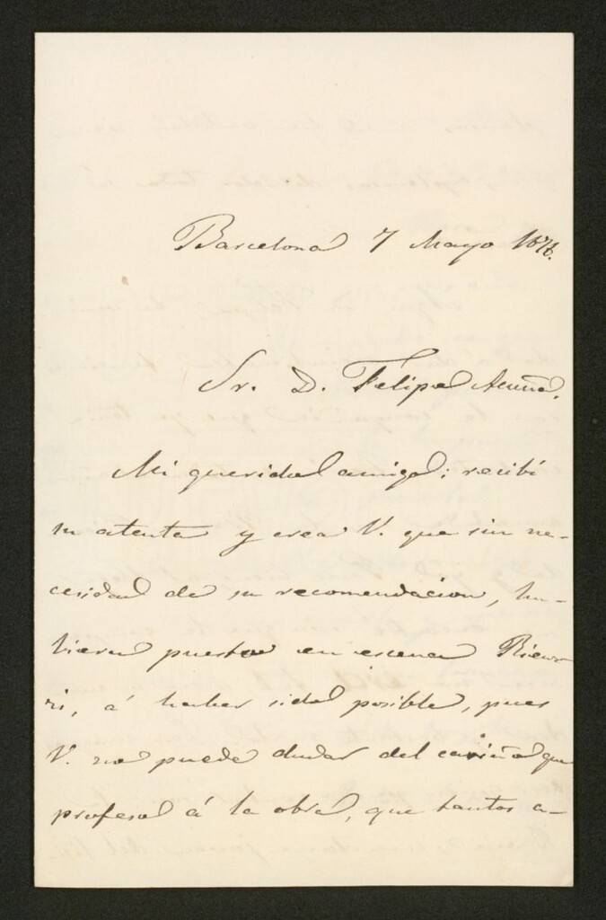 Miniatura de [Carta], 1876 Mayo 7, Barcelona a Felipe de Acuña