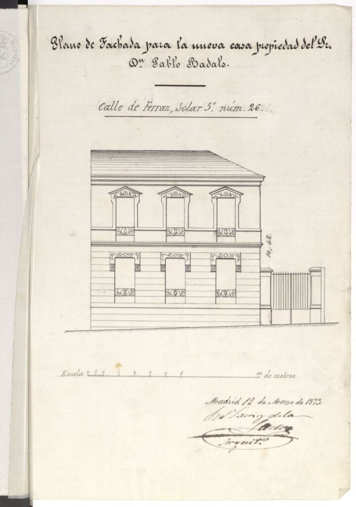 Miniatura de D. Pabo Badales Cervernio, para construir una casa en el solar de su propiedad manzana 26 del Barrio de Argüelles con fachada a la de Ferranz.