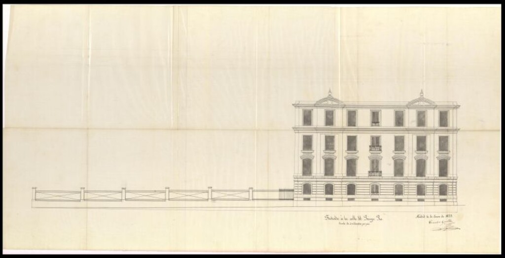 Miniatura de Duque de Hernan-Nuñez, en solicitud de licencia para construir dos casas, un mirador y cercar el resto del terreno comprendido entre las calles Olózaga, Príncipe Pío y Ventura Rodríguez con verja de hierro.