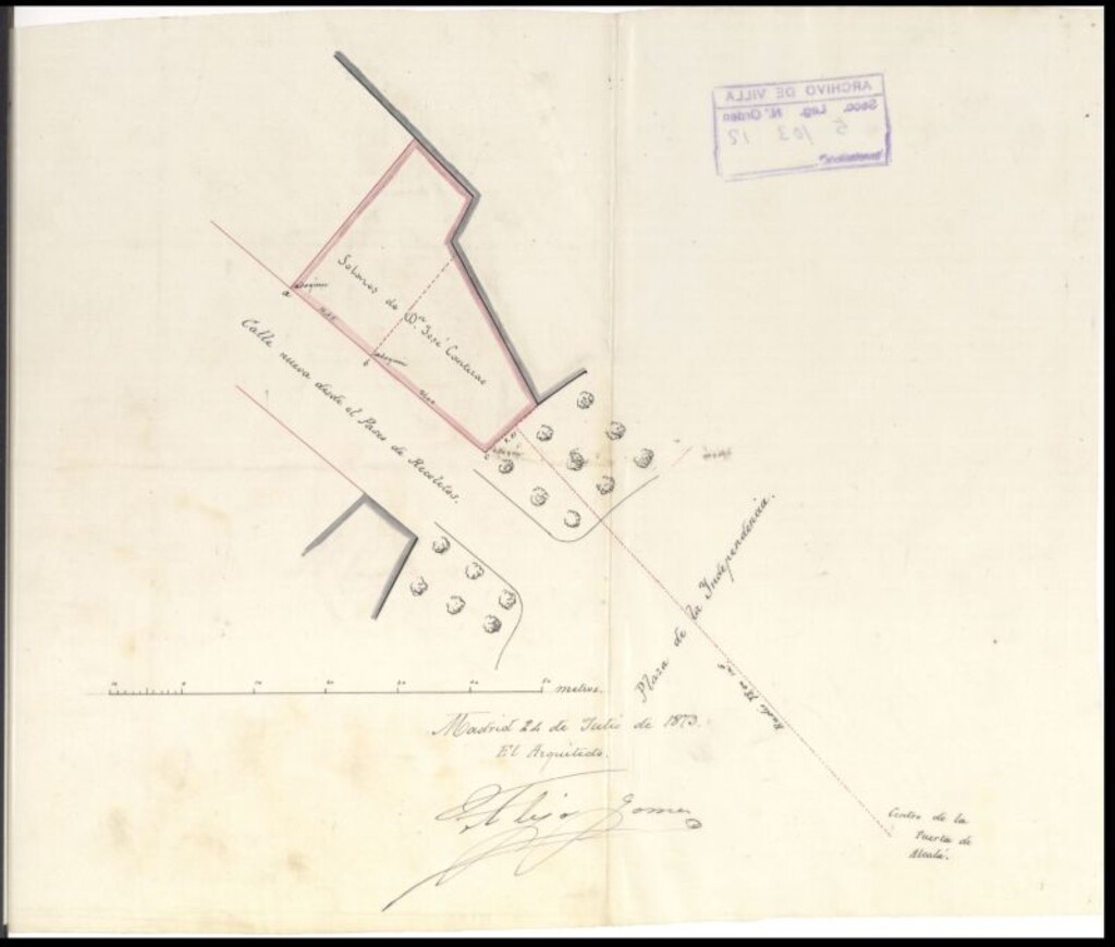 Miniatura de D. Antonio Tejeiro y Fernández en nombre de D. José de Canteral, en solicitud de liencia para construir una verja de cerramiento en los solares nºs 38, 39 de los terrenos del Pósito con fachadas a la plaza de la Independencia y calle nueva.