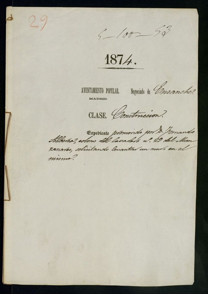 Miniatura de D. Fernando Alberca, colono del labadero nº 29 del manzanares, solicitando levantar un muro en el mismo.