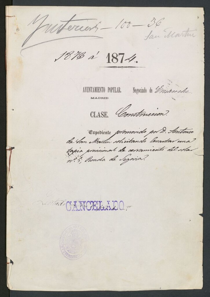 Miniatura de D. Antonio San Martín, solicitando levantar una tapia provisional de cerramiento del solar nº 5, Ronda de Segovia.