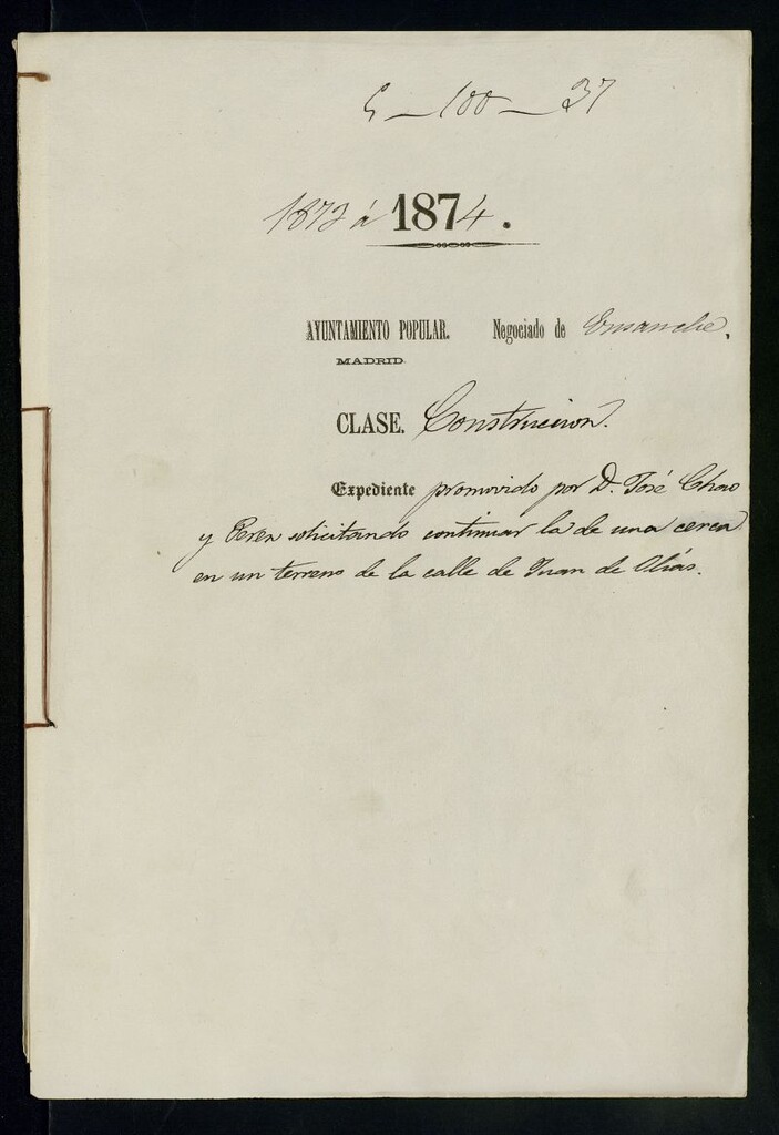 Miniatura de D. José Chao y Pérez, solicitando continuar la de una cerca en un terreno de la calle de Juan de Olías.