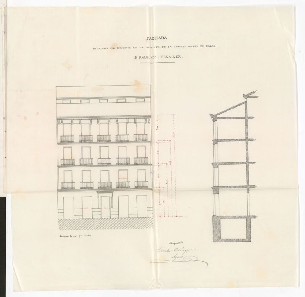 Miniatura de D. Raimundo Peñalver, solicitando edificar una casa en la Glorieta de la Puerta de Bilbao, manzana 92.