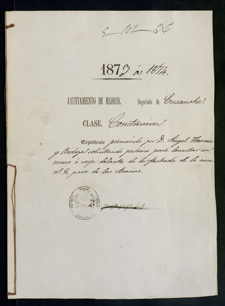 Miniatura de D. Angel Herráiz y Bedoya, solicitando permiso para levantar un muro o verja delante de la fachada de la casa nº 2, paseo de las Acacias.