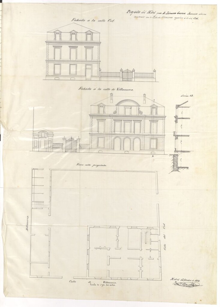 Miniatura de D. Eduardo García Romero, en solicitud de alineación y licencia para edificar una casa en el solar que forma angulo en las calles de Villanueva y del Cid, con fachada a otra nueva.