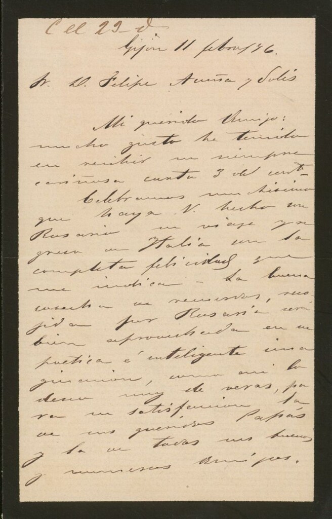 Miniatura de [Carta], 1876 Febrero 11, Gijón a Felipe de Acuña