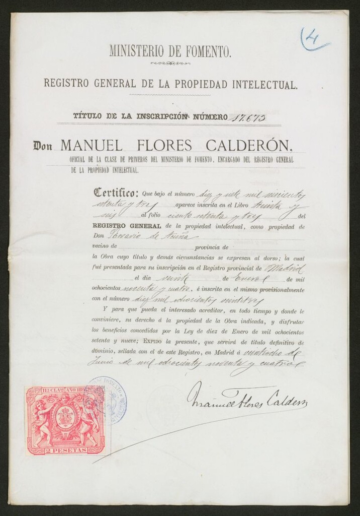 Miniatura de [Inscripción en el Registro General de la Propiedad Intelectual de la obra "La voz de la patria. Cuadro dramático en un acto y en verso original" de Rosario de Acuña]