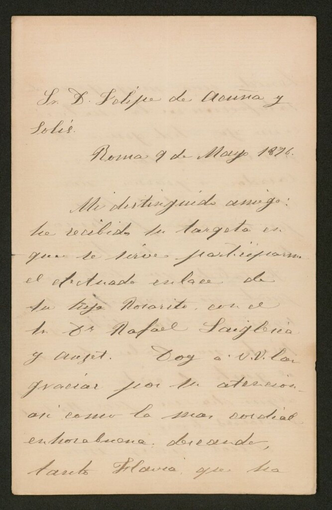 Miniatura de [Carta], 1876 Mayo 9, Roma a Felipe de Acuña y Solís