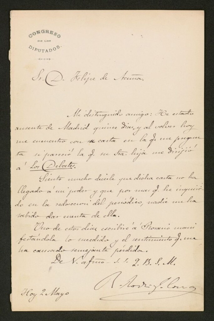 Miniatura de Carta], [s.a.] Mayo, 2 [s.l.] a Felipe de Acuña