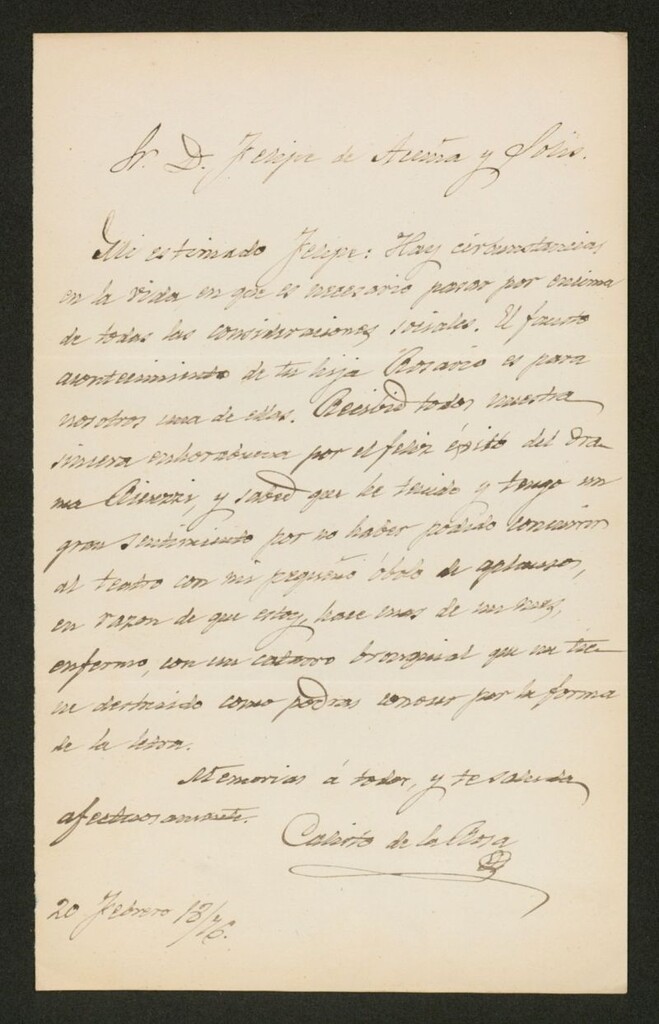 Miniatura de [Carta], 1876 Febrero, 18 [s.l.] a Felipe de Acuña y Solis