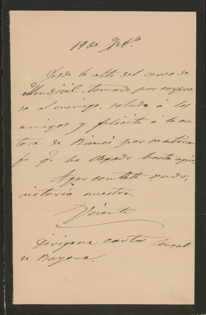 Miniatura de [Carta], [s.a.] feb. 19, cerro de Mendivil, a Felipe de Acuña