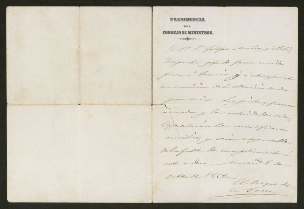Miniatura de [Carta], 1868 Oct. 8, Madrid, a Felipe de Acuña