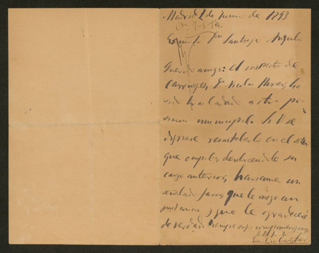 Miniatura de [Carta], 1893 jun. 2, Madrid, a Santiago Angulo
