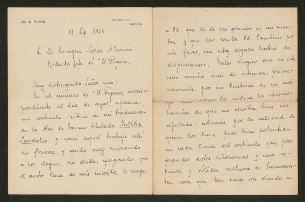 Miniatura de [Carta], 1918 sep. 13, Madrid, a Enrique López Alarcón, redactor jefe de "El Fígaro"