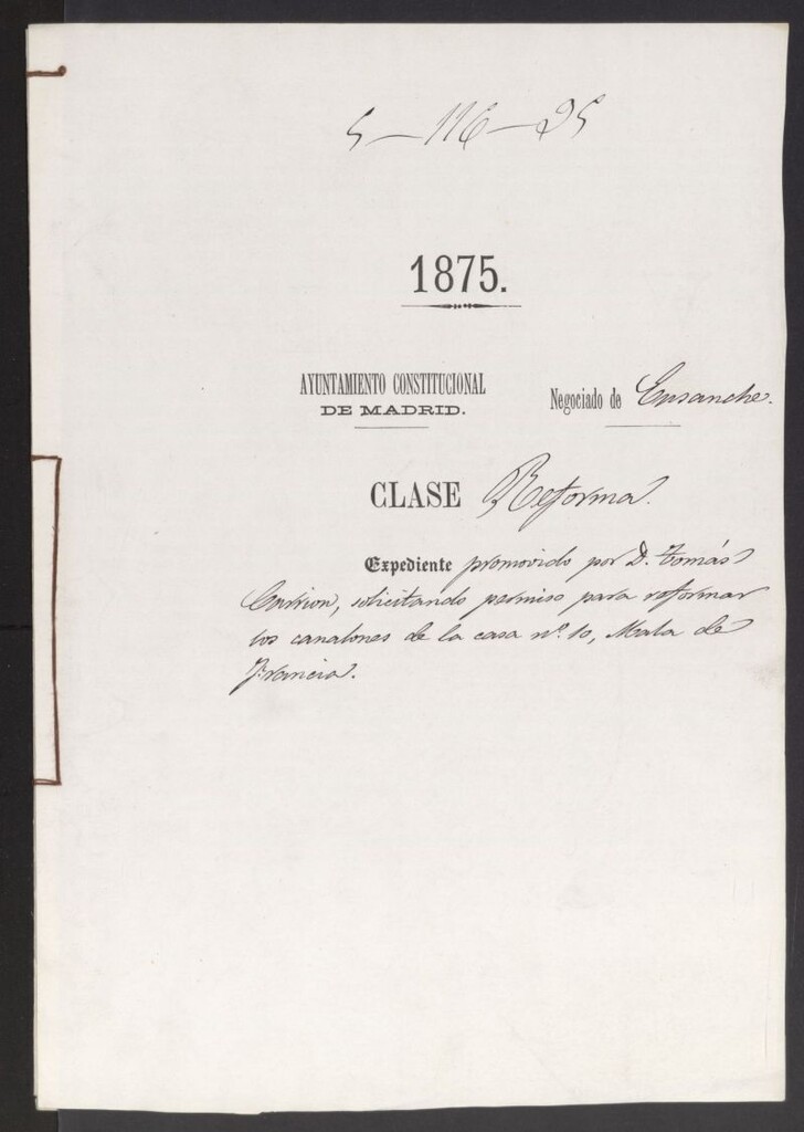 Miniatura de D. Tomás Carrión, solicitando permiso para reformar los canalones de la casa nº 10, Mala de Francia.
