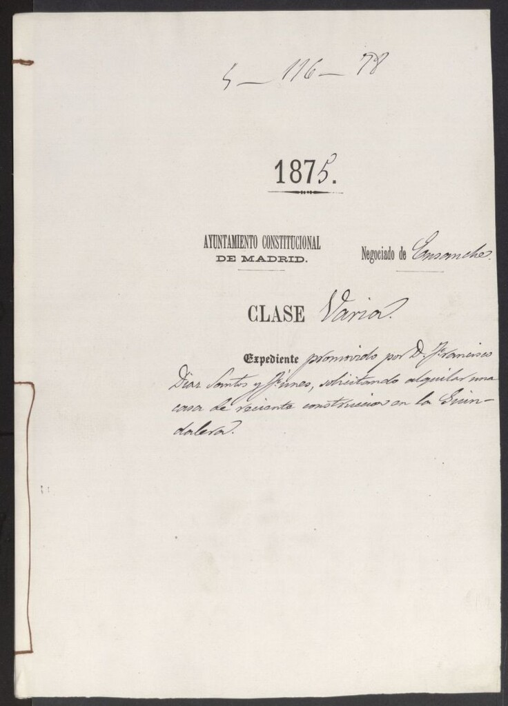 Miniatura de D. Francisco Díaz Santos y Ginés, solicitando alquilar una casa de reciente construcción en la guindalera.
