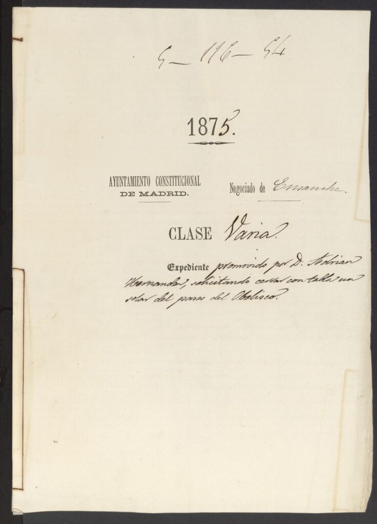 Miniatura de D. Adrián Hernández, solicitando cerrar con tablas un solar del Paseo del Obelisco.