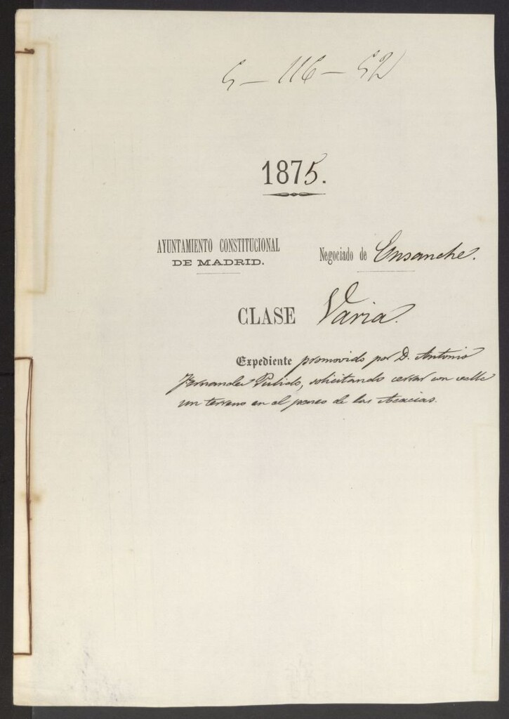 Miniatura de D. Antonio Fernández Pulido, solicitando cerrar con valla un terreno en el Paseo de las Acacias.