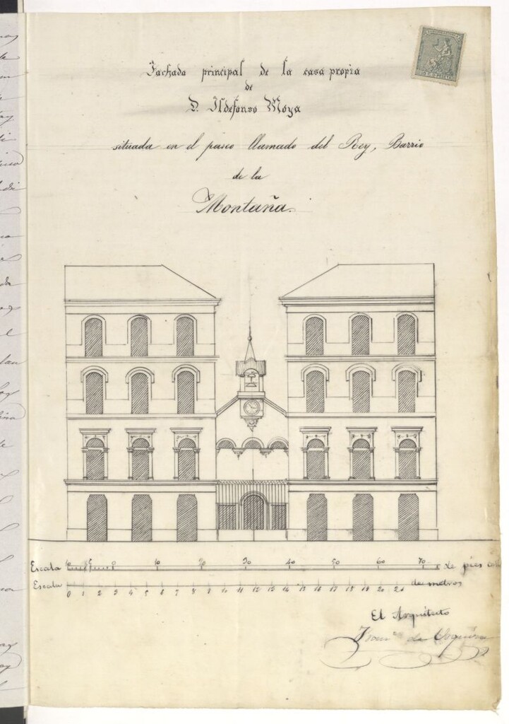 Miniatura de D. Ildefonso de Moya, pidiendo permiso para edificar en un solar de su propiedad sito en la Montaña del Príncipe Pío.