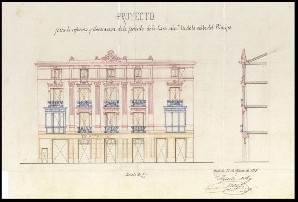 Miniatura de D. Silverio López Larrainza, en solicitud de licencia para construir un teatro en el interior de la casa nº 14 de la calle del Príncipe.