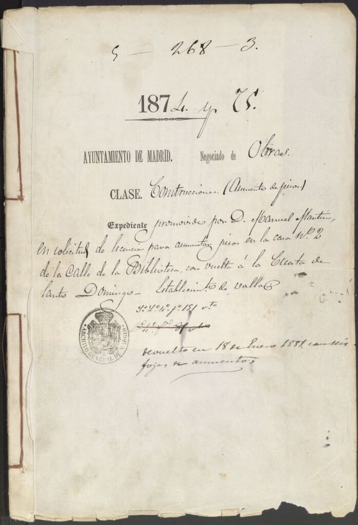Miniatura de D. Manuel Martín, en solicitud de licencia para aumentar piso en la casa nº 2 de la calle de la Biblioteca, con vuelta a la Cuesta de Santo Domingo.