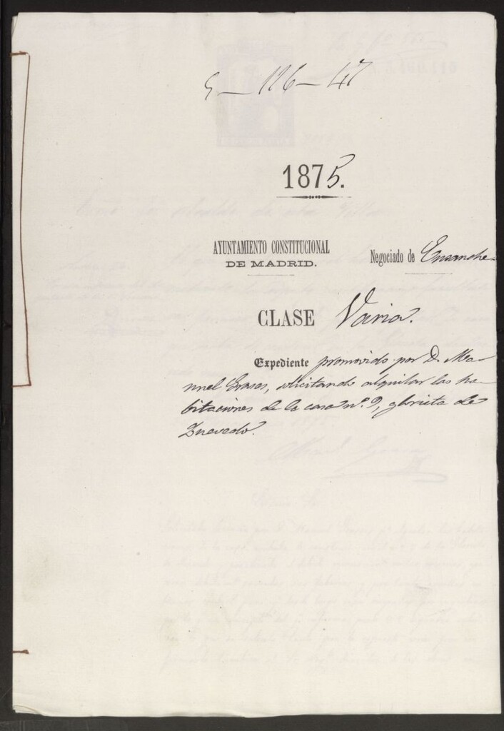 Miniatura de D. Manuel Grases, solicitando alquilar las habitaciones de la casa nº 9, glorieta de Quevedo.
