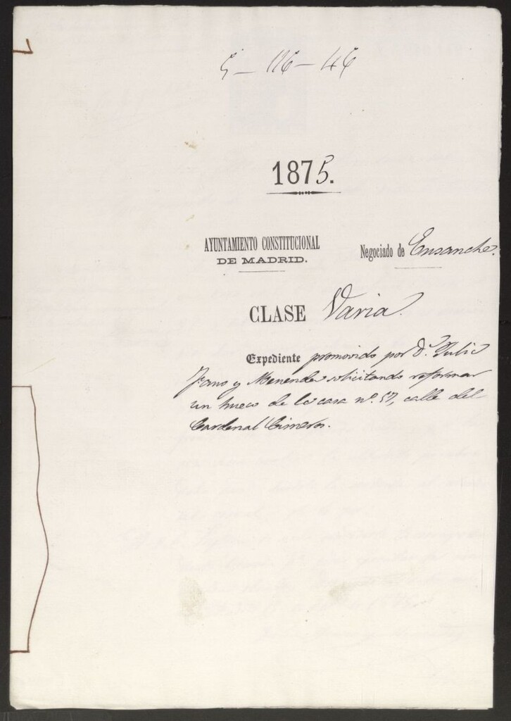 Miniatura de D. Julio Varo y Menéndez, solicitando reformar un hueco de la casa nº 57, calle del Cardenal Cisneros.