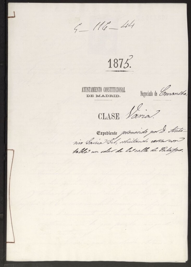 Miniatura de D. Antonio García Gil, solicitando cerrar con tablas un solar de la calle Palafox.