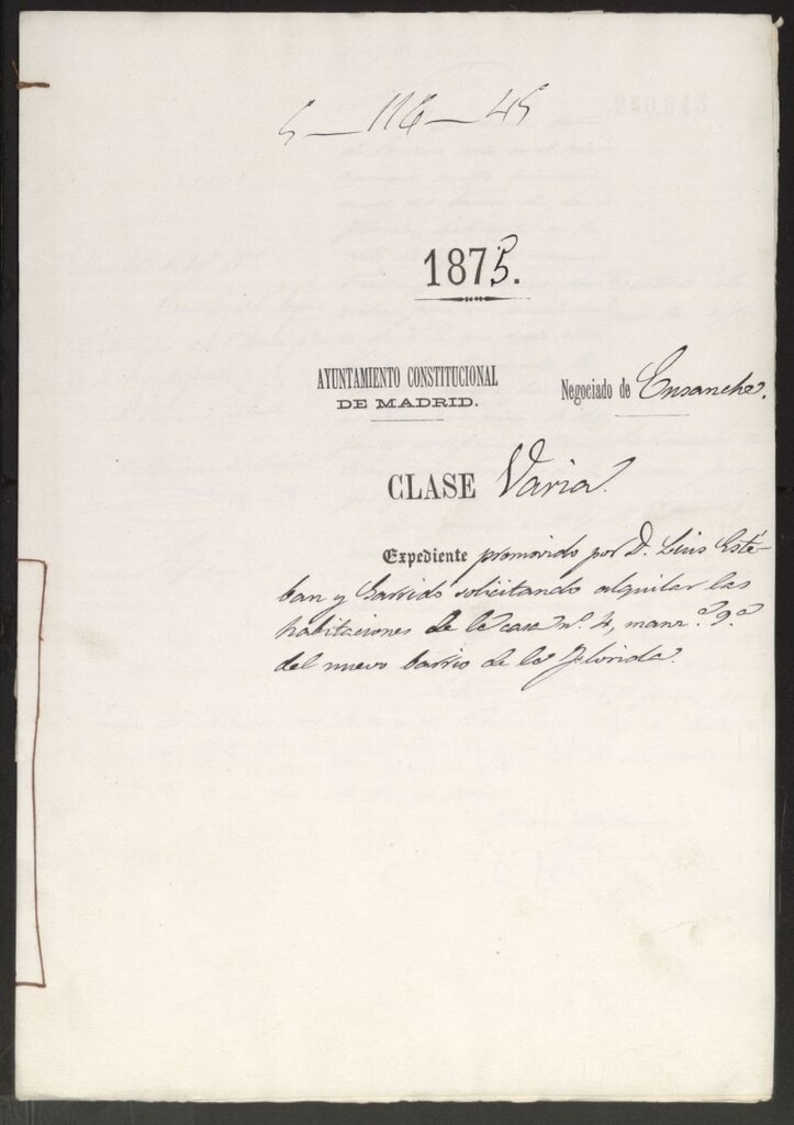 Miniatura de D. Luis Estebán y Garrido, solicitando alquilar las habitaciones de la casa nº 4, manzana 9ª del nuevo barrio de la Florida.