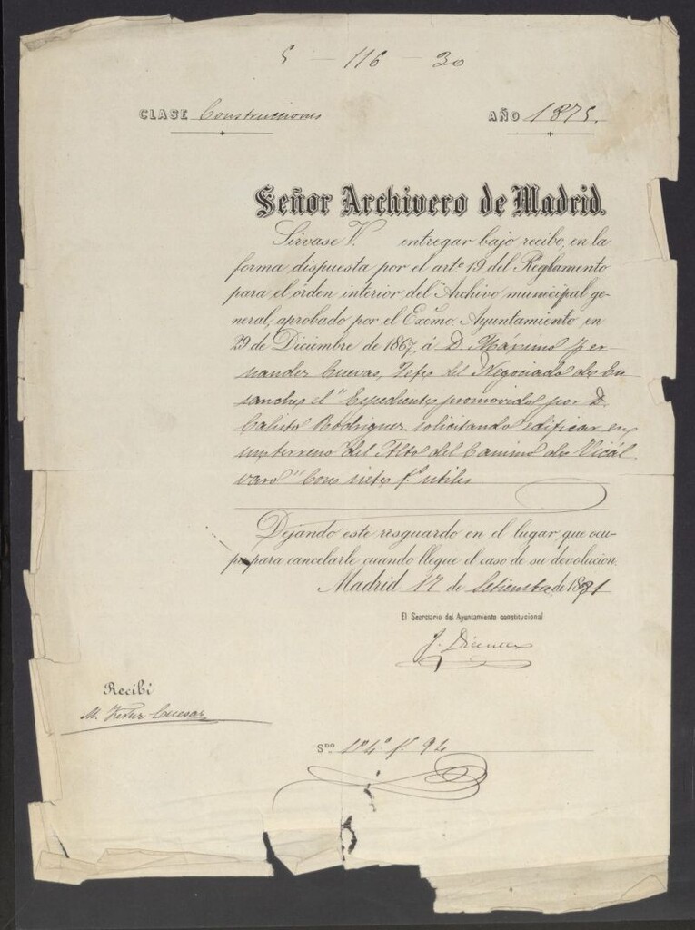 Miniatura de Recibo de entrega del expediente de D. Calixto Rodríguez, solicitando edificar en un terreno del Alto del Camino de Vicálvaro.