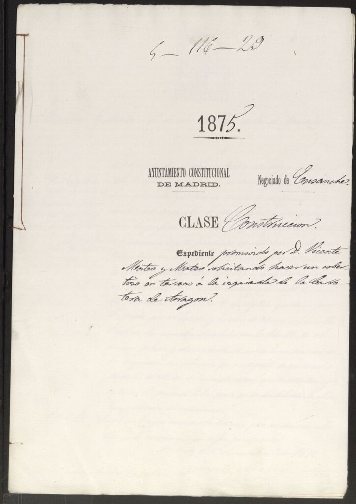 Miniatura de D. Vicente Mateo y Mateo, solicitando hacer un cobertizo en terreno a la izquierda de la Carretera de Aragón.