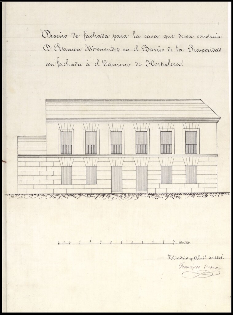 Miniatura de D. Ramón Menéndez, solicitando levantar una casa en el barrio de la Prosperidad.