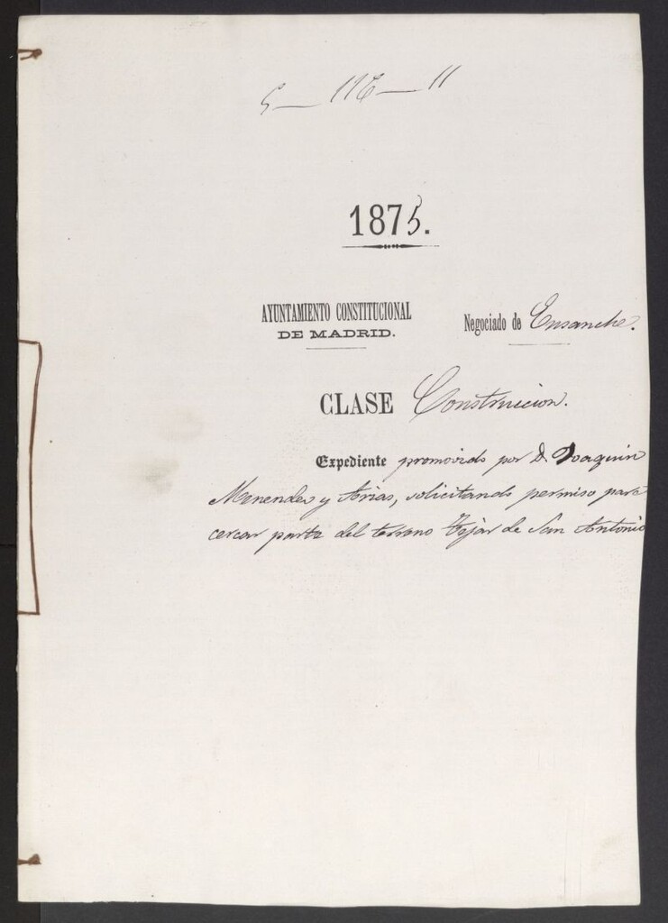 Miniatura de D. Joaquin Menéndez y Arias, solicitando permiso para cercar parte del terreno Tejar de S. Antonio.