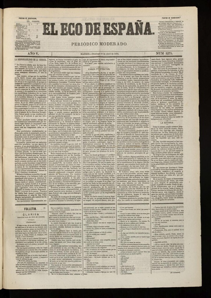 Miniatura de El Eco de España del 19 de abril de 1874