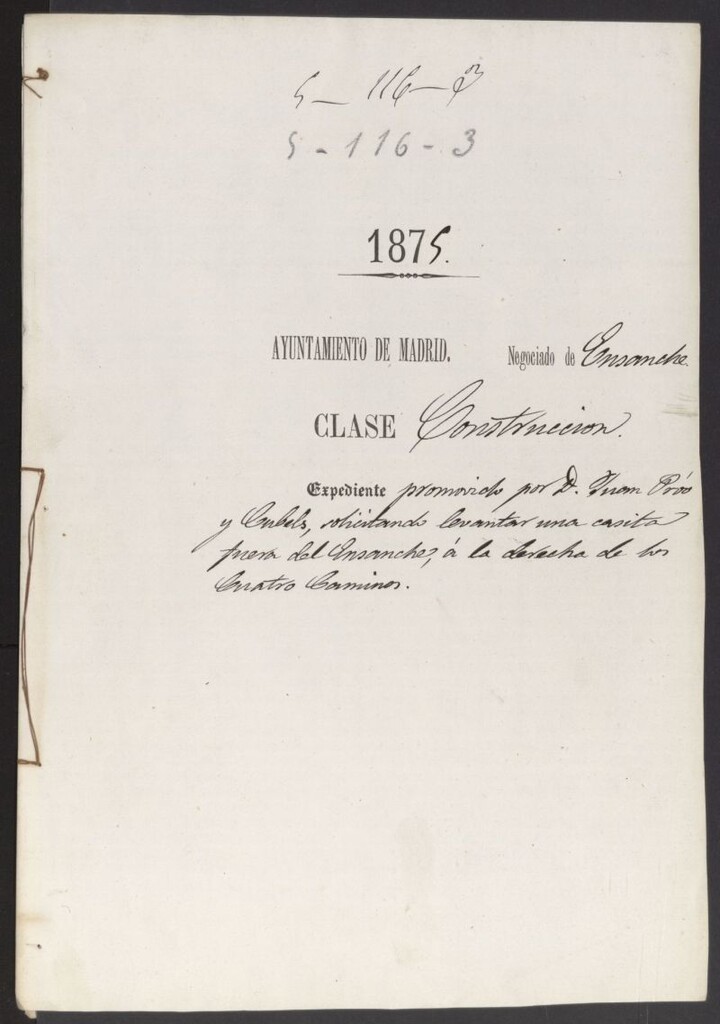 Miniatura de D. Juan Prós y Cubels, solicitando levantar una casita fuera del Ensanche, a la derecha de los Cuatro Caminos.