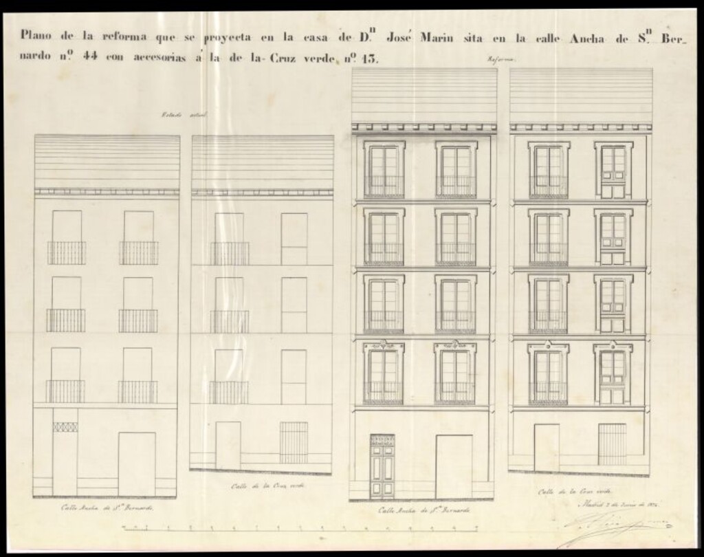 Miniatura de Construcción de un piso en la calle Ancha de San Bernardo, nº 44 con accesorias a la de la Cruz Verde nº 13, revocar la fachada y colocar bajadas de aguas propia de D. José Manín.