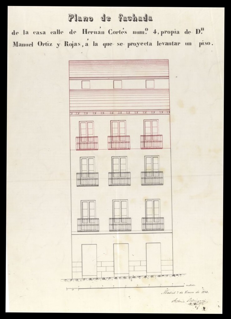 Miniatura de D. Manuel Ortiz, y Rojas, con motivo de la instancia presentada para construir un 1er piso y sotabanco en la calle de Hernán Cortés nº 4.