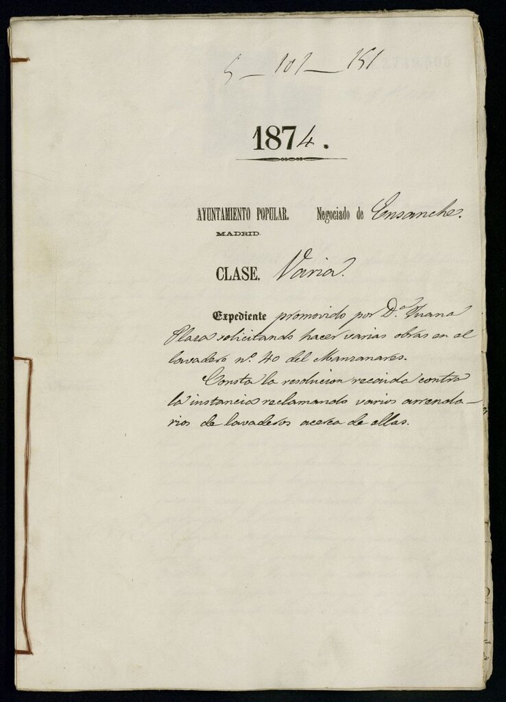 Miniatura de D. Juana Plaza, solicitando hacer varias obras en el lavadero nº 40 del Manzanares.