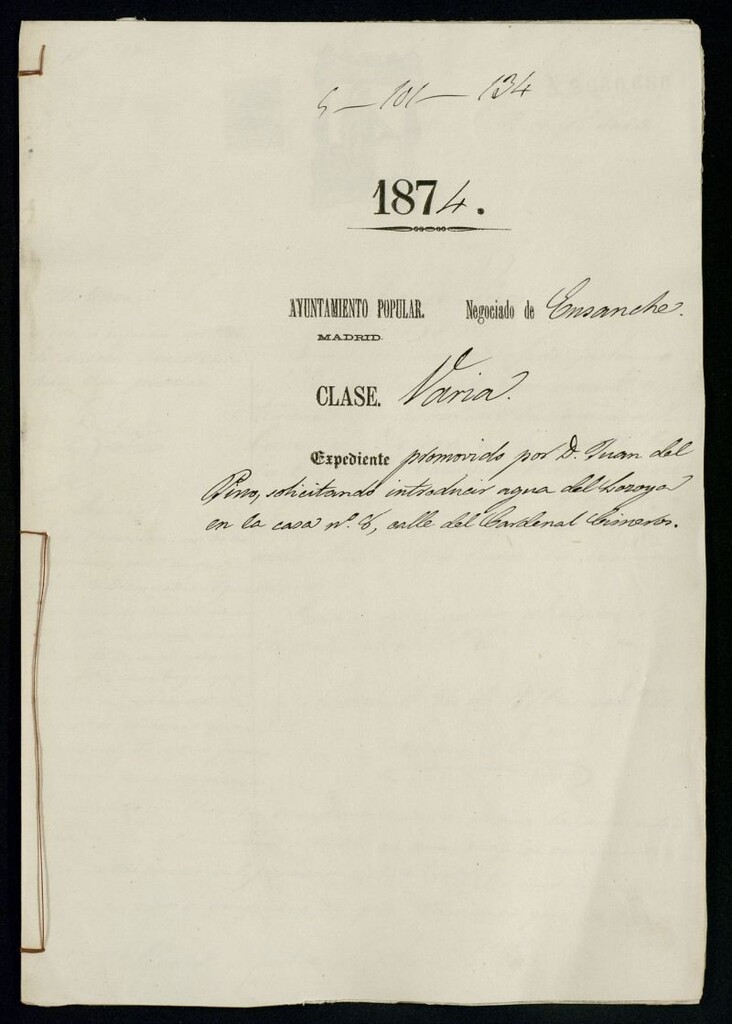 Miniatura de D. Juan del Pino, solicitando introducir agua del Lozoya en la casa nº 8, calle del Cardenal Cisneros.