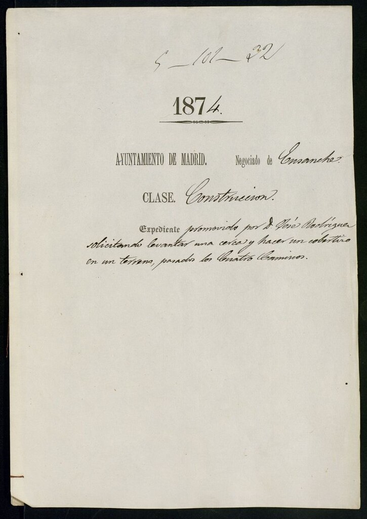 Miniatura de D. José Rodríguez, solicitando levantar una cerca y hacer un cobertizo en un terreno, pasados los Cuatro Caminos.