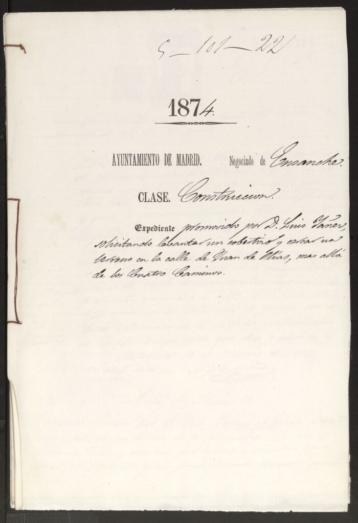 Miniatura de D. Luis Yañez, solicitando levantar un cobertizo y cercar un terreno en la calle de Juan Olias, más allá de los Cuatro Caminos.