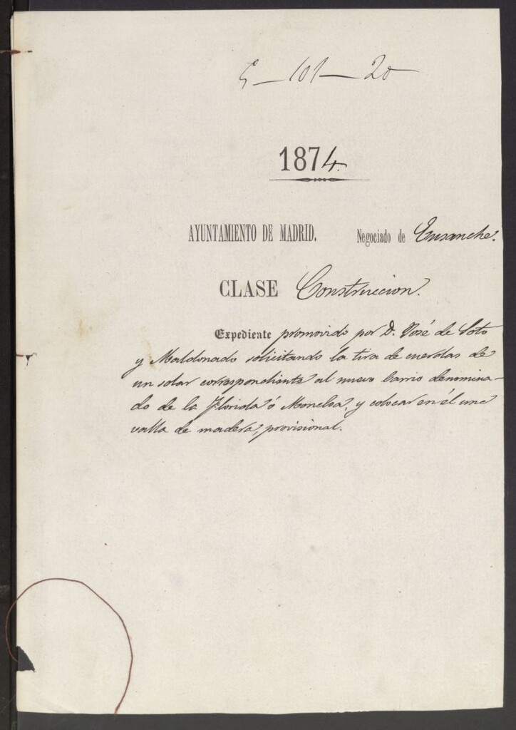 Miniatura de D. José de Soto y Maldonado, solicitando la tira de cuerdas de un solar correspondiente al nuevo barrio denominado de la Floridad o Moncloa, y colocar en él una valla de madera, provisional.