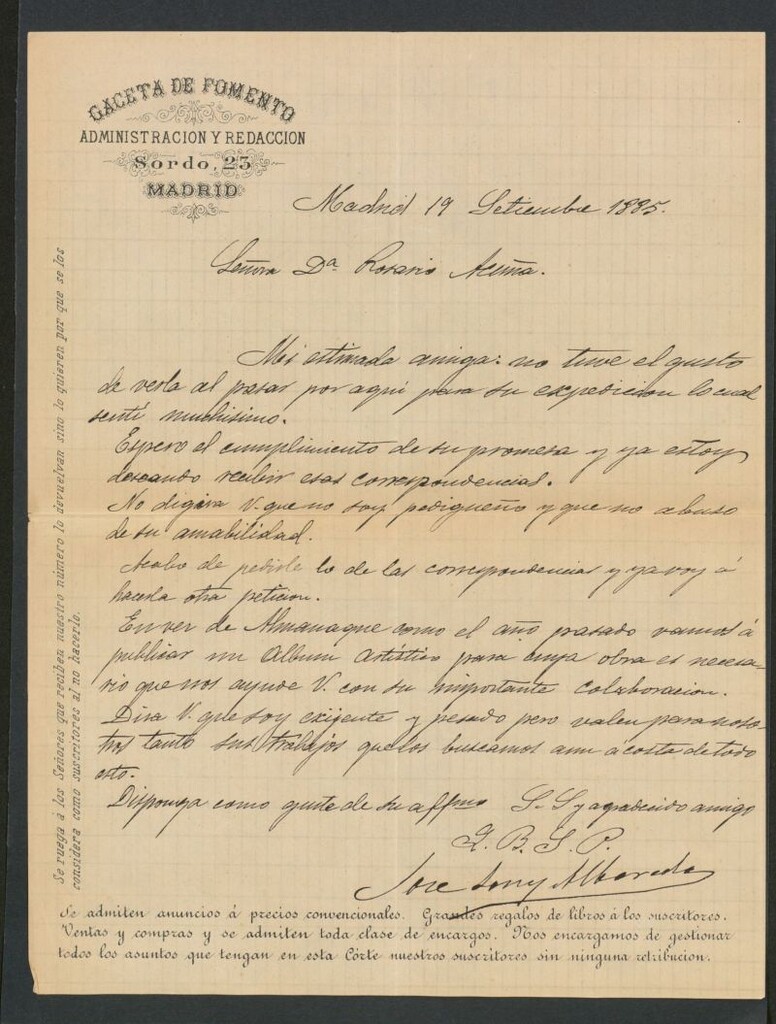 Miniatura de [Carta], 1885 Septiembre 19, Madrid a Rosario Acuña