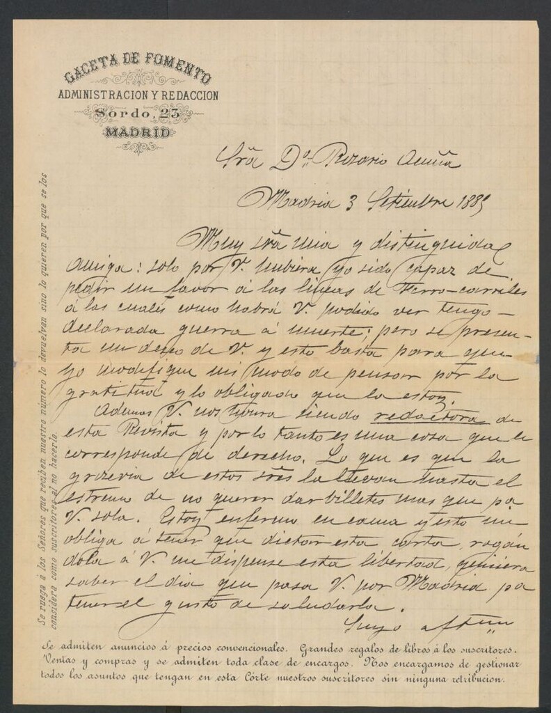 Miniatura de [Carta], 1885 Septiembre 3, Madrid a Rosario Acuña