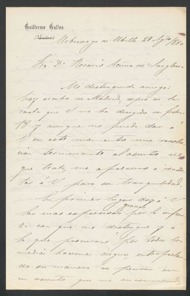 Miniatura de [Carta], 1880, Agosto 27, Urbenaga de Ubilla a Rosario de Acuña de Laiglesia